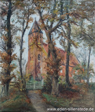 Sandel, Kirche in Sandel, um 1954, 40,5x47,5 cm, Öl auf Leinwand, Besitz Landkreis Friesland (WV-Nr. 602)