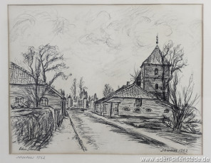 Schortens, An der Kirche, 1962, 35x17 cm, Kohlezeichnung, Besitz Stadt Schortens (WV-Nr. 821)