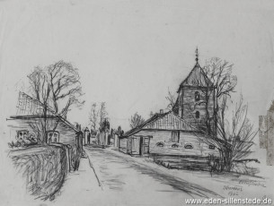 Schortens, An der Kirche, 1962, 39,5x29,5 cm, Kohlezeichnung, Nachlass Arthur Eden (WV-Nr. 206)