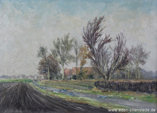 Schortens, Bauernhof bei Ostiem, um 1960, 57,2x41,2 cm, Öl auf Leinwand, Privatbesitz (WV-Nr. 946)