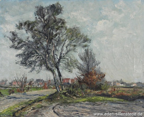 Schortens, Blick auf das Dorf, 1950er, 50x40 cm, Öl auf Leinwand, Besitz Stadt Schortens (WV-Nr. 820)