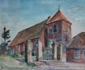 Schortens, Kirche, 1940er, 27x22 cm, Aquarell, Besitz Schlossmuseum Jever (WV-Nr. 1221)