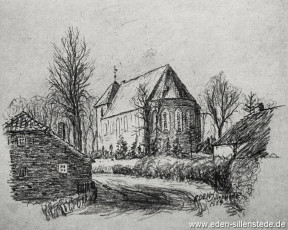 Schortens, Kirche, 1954, Kohlezeichnung, Quelle Historienkalender auf das Jahr 1955, Seite 27 (WV-Nr. 907)