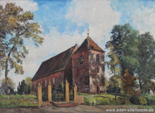 Schortens, Kirche, 1961, 74x54 cm, Öl auf Leinwand, Besitz Stadt Schortens (WV-Nr. 818)