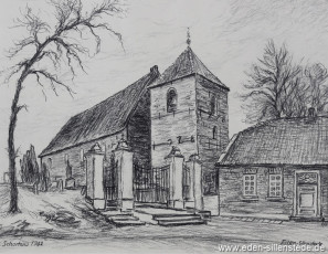 Schortens, Kirche, 1962, 37x28 cm, Kohlezeichnung, Besitz Landkreis Friesland (WV-Nr. 619)