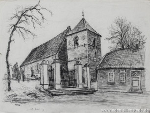 Schortens, Kirche, 1962, 39,5x29,5 cm, Kohlezeichnung, Nachlass Arthur Eden (WV-Nr. 175)