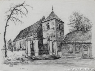 Schortens, Kirche, 1962, 39,5x29,5 cm, Kohlezeichnung, Nachlass Arthur Eden (WV-Nr. 175)