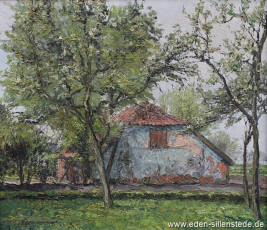 Schortens, Landarbeiterhaus im Klein-Ostiemer-Weg, 1960er, 60,8x52,5 cm, Öl auf Leinwand, Privatbesitz (WV-Nr. 1442)