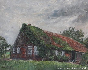 Schortens, Landarbeiterhaus im Klein-Ostiemer-Weg, 1964, 50,7x40 cm, Öl auf Leinwand, Privatbesitz (WV-Nr. 1444)