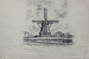 Schortens, Mühle um 1897 (nach Foto), 1950er, 25x24 cm, Kohlezeichnung, Nachlass Arthur Eden (WV-Nr. 179)