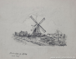 Schortens, Mühle um 1904 (nach Foto), 1950er, 26x24 cm, Kohlezeichnung, Nachlass Arthur Eden (WV-Nr. 274)