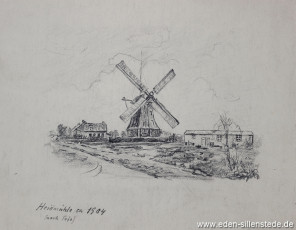 Schortens, Mühle um 1904 (nach Foto), 1950er, 26x24 cm, Kohlezeichnung, Nachlass Arthur Eden (WV-Nr. 274)