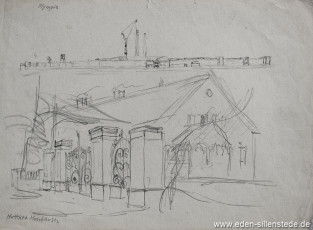 Schortens, Olympia - Mettcker, 1950er, 27x20 cm, Bleistiftzeichnung, Nachlass Arthur Eden (WV-Nr. 293)