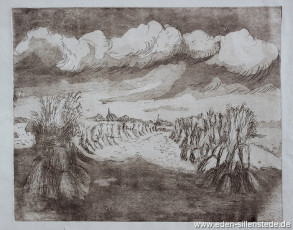 Sengwarden, Getreidehocken, 1920er, 19x15 cm, Radierung, Nachlass Arthur Eden (WV-Nr. 1302)