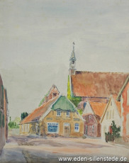 Sengwarden, Hauptstrasse mit Kirche, 1947, 28x35 cm, Aquarell, Nachlass Arthur Eden (WV-Nr. 157)