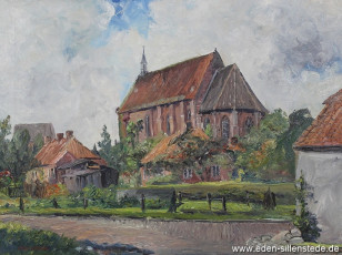 Sengwarden, Kirche, 1950er, 72,5x54 cm, Öl auf Leinwand, Besitz Landkreis Friesland (WV-Nr. 608)