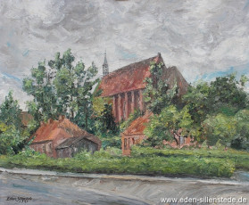 Sengwarden, Kirche, 1971, 68,5x56 cm, Öl auf Leinwand, Privatbesitz (WV-Nr. 1038)