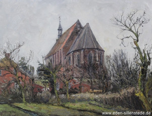 Sengwarden, Kirche, um 1960, 52x40 cm, Öl auf Leinwand, Besitz Landkreis Friesland (WV-Nr. 618)