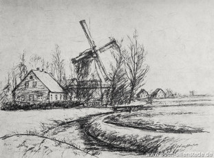 Sengwarden, Mühle, 1960er, Kohlezeichnung, Quelle Historienkalender auf das Jahr 1968, Seite 88 (WV-Nr. 908)