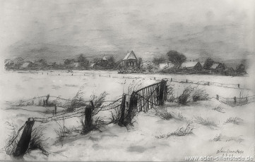 Sillenstede, Blick von Osten gesehen, 1966, 42x26 cm, Kohlezeichnung, Privatbesitz (WV-Nr. 1364)