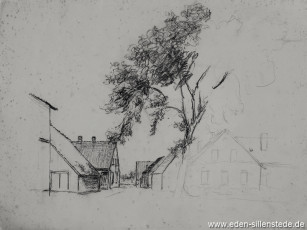 Sillenstede, Dicktonnenstraße, 1950er, 48x36 cm, Kohlezeichnung, Nachlass Arthur Eden (WV-Nr. 295)