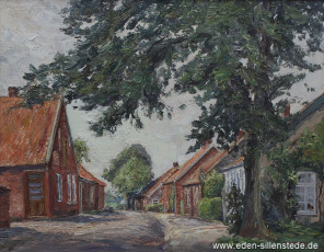 Sillenstede Dicktonnenstraße, 1957, 62x49 cm, Öl auf Leinwand, Besitz Schlossmuseum Jever (WV-Nr. 774)