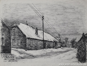 Sillenstede, Dicktonnenstraße, 1963, 39,5x29,5 cm, Kohlezeichnung, Nachlass Arthur Eden (WV-Nr. 197)