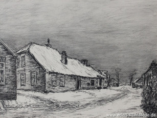 Sillenstede, Dicktonnenstraße, um 1963, 27x20 cm, Kohlezeichnung, Privatbesitz (WV-Nr. 1012)