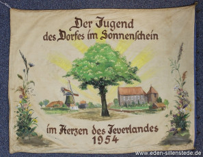 Sillenstede, Fahne für die Sillensteder Jugend (Rückseite), 1954, 94x72 cm, Öl auf Seide, Besitz Chronikkreis Sillenstede (WV-Nr. 36a)