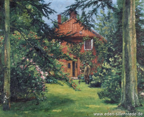 Sillenstede, Gärtner Anton Abels vor seinem Haus, 1920er, 54x43,3 cm, Öl auf Leinwand, Privatbesitz (WV-Nr. 1474)