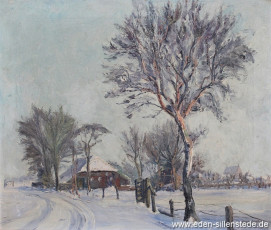 Sillenstede, Gummelsteder Straße, 1940er, 50,2x42 cm, Öl auf Leinwand, Privatbesitz (WV-Nr. 1253)