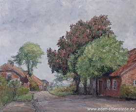 Sillenstede, Dicktonnenstraße, 1950er, 50,6x42,4 cm, Öl auf Leinwand, Privatbesitz (WV-Nr. 1373)