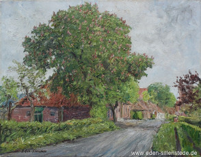 Sillenstede, Haus Osterpiep, 1964, 64,5x50,5 cm, Öl auf Leinwand, Privatbesitz (WV-Nr. 540)