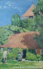 Sillenstede, Haus unterm Glockenturm, 1916, 33,5x52 cm, Öl auf Holz, Nachlass Arthur Eden (WV-Nr. 90)