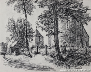 Sillenstede, Kirche, 1950er, 36x28 cm, Kohlezeichnung, Nachlass Arthur Eden (WV-Nr. 195)