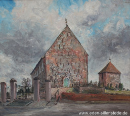 Sillenstede, Kirche, 1961, 58x52 cm, Öl auf Leinwand, Besitz Schlossmuseum Jever (WV-Nr. 785)