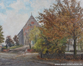 Sillenstede, Kirche in Sillenstede, 1960er, 68,5x54 cm, Öl auf Leinwand, Besitz Landkreis Friesland (WV-Nr. 607)