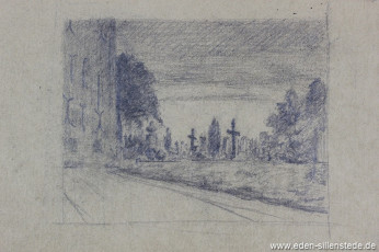 Sillenstede, Kirche mit Friedhof, um 1930, 18x14 cm, Bleistiftzeichnung, Nachlass Arthur Eden (WV-Nr. 240)