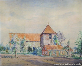 Sillenstede, Kirche mit Glockenturm, 1946, 49,5x40,5 cm, Aquarell, Privatbesitz (WV-Nr. 1087)