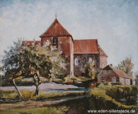 Sillenstede, Kirche Südansicht, 1920er, Ölbild, Quelle Buch Schortens, Eine Gemeinde in Wort und Bild, Seite 57 (WV-Nr. 931)