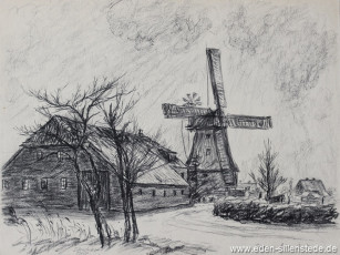 Sillenstede, Mühle, 1950er, 39,5x29,5 cm, Kohlezeichnung, Nachlass Arthur Eden (WV-Nr. 193)