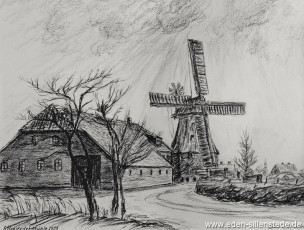 Sillenstede, Mühle, 1954, Kohlezeichnung, Besitz Landkreis Friesland (WV-Nr. 909)