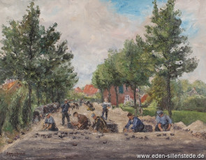 Sillenstede, Pflasterung Osterpiep, 1962, 64,5x50,5 cm, Öl auf Leinwand, Privatbesitz (WV-Nr. 932)