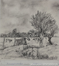 Sillenstede, Purkswarfe 1920, 1960er, 27x27,5 cm, Kohlezeichnung, Privatbesitz (WV-Nr. 1464)