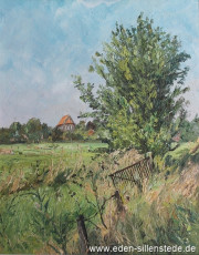 Sillenstede, Umland, Blick auf die Kirche, um 1971, 40x50 cm, Öl auf Leinwand, Privatbesitz (WV-Nr. 1)