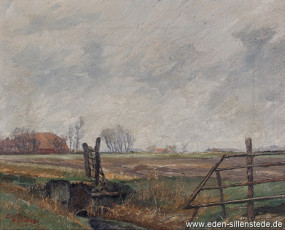 Sillenstede, Umland, Blick von der Mühlenreihe, 1930er, 34x26,8 cm, Öl auf Leinwand, Privatbesitz (WV-Nr. 1421)