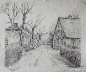 Sillenstede, Weg hinter der Kirche, 1924, 31x27 cm, Bleistiftzeichnung, Nachlass Arthur Eden (WV-Nr. 159)