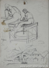 Skizze, Bockhorn, Töpferei, 1930-50er, 29,5x40 cm, Bleistiftzeichnung, Nachlass Arthur Eden (WV-Nr. 276)