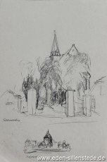 Skizze, Fedderwarden-Sengwarden, Kirche, 1920-50er, 19,5x27 cm, Bleistiftzeichnung, Nachlass Arthur Eden (WV-Nr. 335)