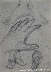 Skizze, Füsse und Hand, 1945, 11x13,5 cm, Bleistift auf Papier, Nachlass Arthur Eden (WV-Nr. 402)